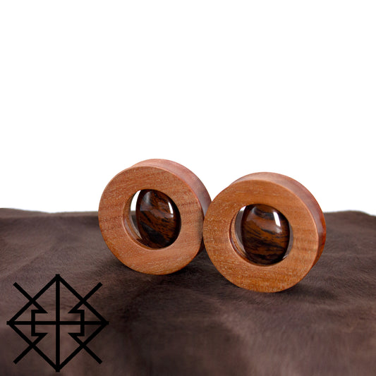Wood plugs Makore and Mahogany Obsidian Ear Plugs front view